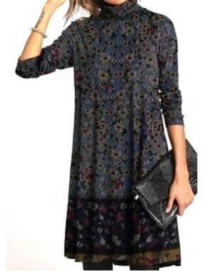 EXCLUSIVE Fall Mixed Floral Prints Mock Neck Long Sleeve Shift Dress Size M